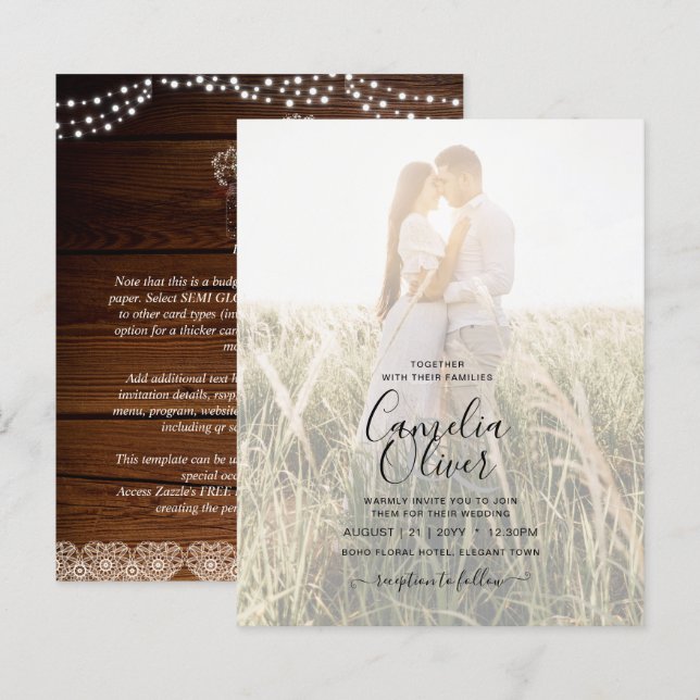 Rustic Photo Overlay Lace Wood Jars Wedding Invite (Front/Back)