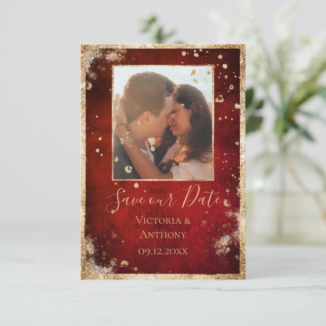 Rustic Photo Red Gold Flat Save The Date (Standing Front)