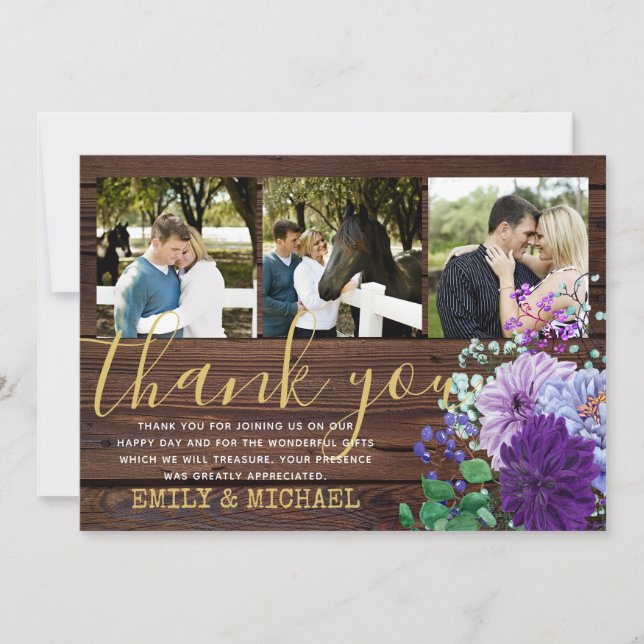 Rustic PHOTO Thank You Cards Blue Flowers (Front)