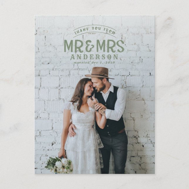 Rustic photo thank you wedding announcement postcard (Front)