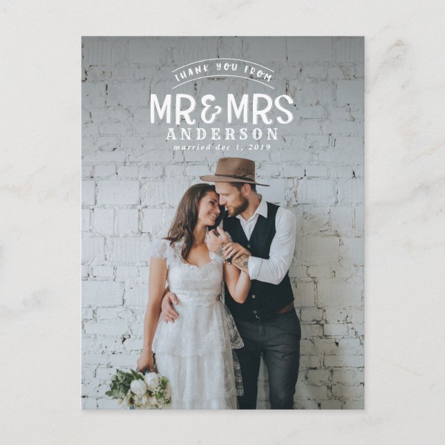 Rustic photo thank you wedding announcement postcard (Front)