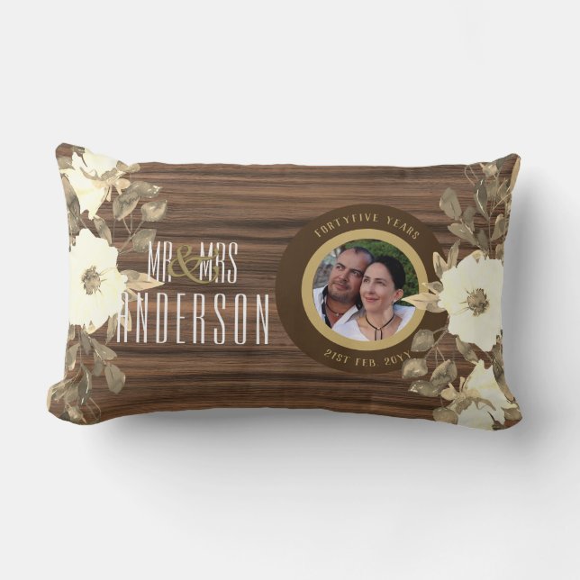 RUSTIC PHOTO WED. Anniversary ANY Milestone Floral Lumbar Cushion (Front)