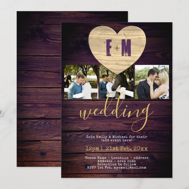 Rustic PHOTO Wedding Invitations Purple Gold (Front/Back)