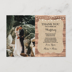 Rustic Photo Wedding Thank You Card Burlap Wood