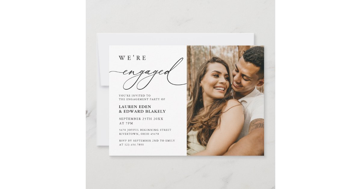 Engaged Word Script Rustic Photo We're Engaged Script Engagement Party Invitation | Zazzle