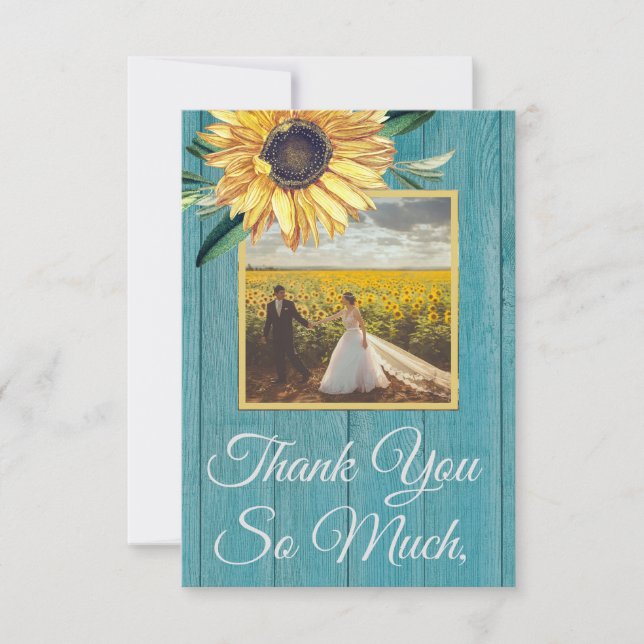 Rustic Photo Yellow Sunflower  Blue Barn Wood Than Thank You Card (Front)