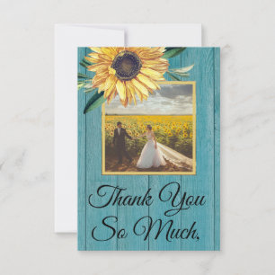 Rustic Photo Yellow Sunflower Blue Barn Wood Thank You Card