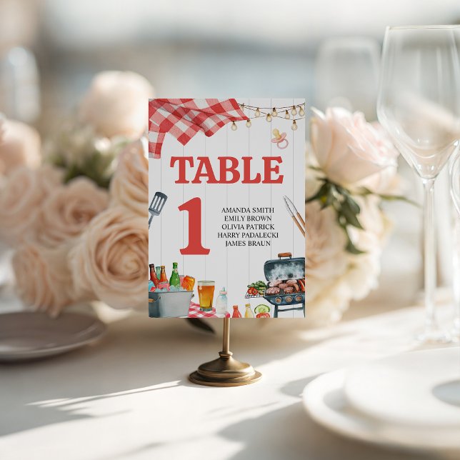 Rustic Picnic Gingham BBQ Table Numbers Pedestal Sign (Creator Uploaded)