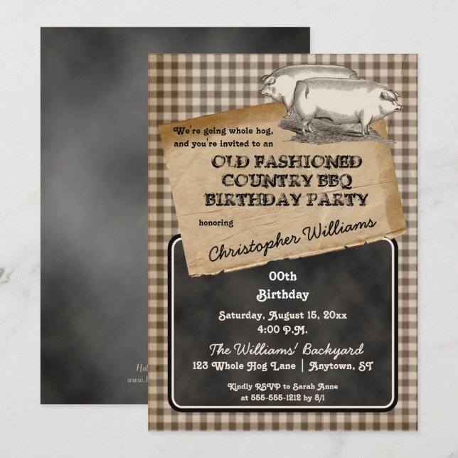 Rustic Pig Roast Backyard BBQ Birthday Party Invitation (Front/Back)