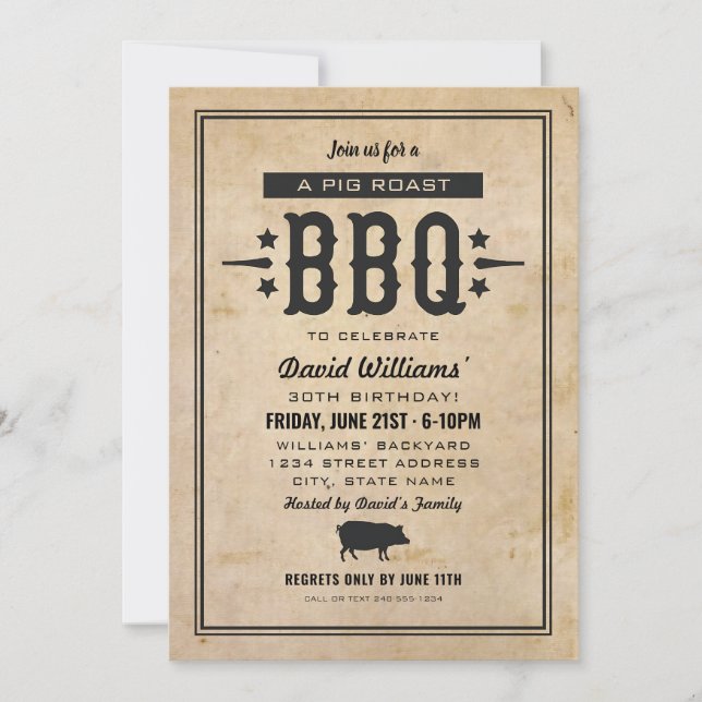 Rustic Pig Roast BBQ Vintage Birthday Invitation (Front)