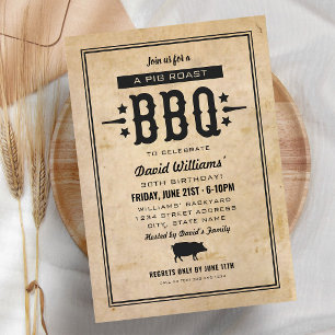 Rustic Pig Roast BBQ Vintage Birthday Invitation