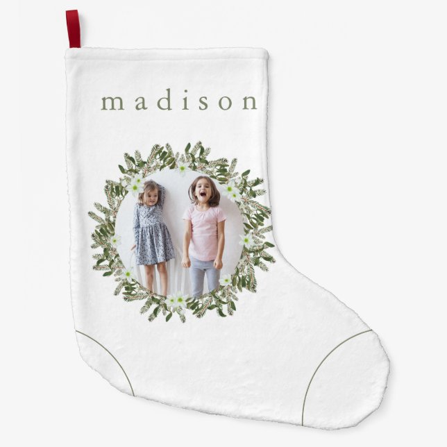 Rustic Pine and Floral Photo Wreath with Name Large Christmas Stocking (Front)