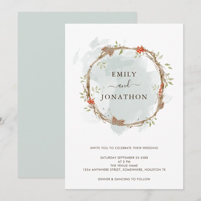 Rustic Pine Berries Christmas Wedding Invitation (Front/Back)