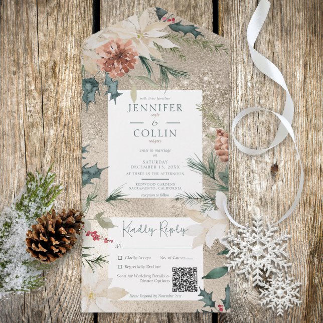 Rustic Pine & Berries Gold QR Code All In One Invitation (Creator Uploaded)