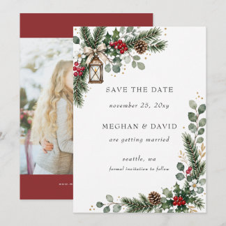 Rustic Pine Berries Winter Christmas Photo Save The Date