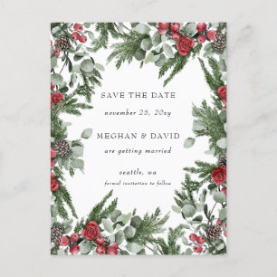 Rustic Pine Berries Winter Christmas Save the Date Announcement Postcard