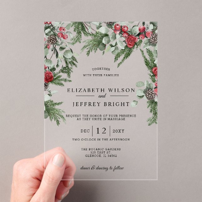 Rustic Pine Berries Winter Christmas Wedding  Acrylic Invitations (Insitu (Handheld))
