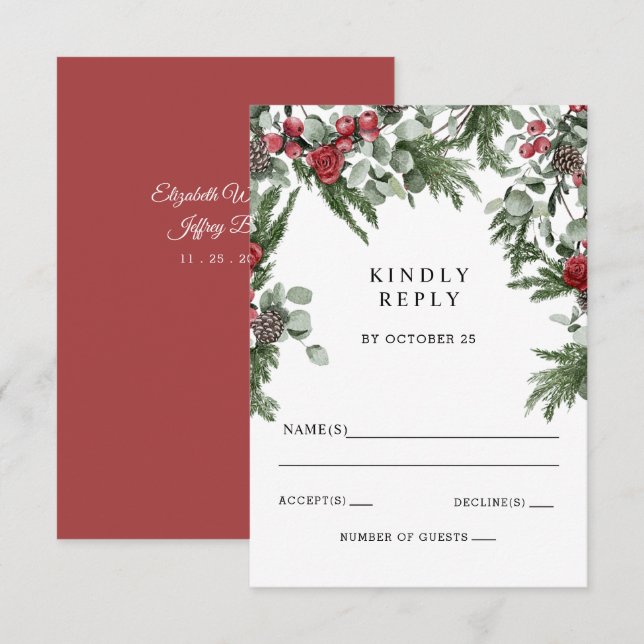 Rustic Pine Berries Winter Christmas Wedding RSVP Card (Front/Back)