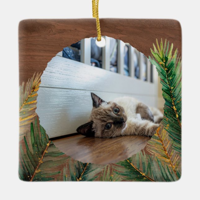 Rustic Pine Branch Pet's First Christmas Keepsake Ceramic Ornament (Front)