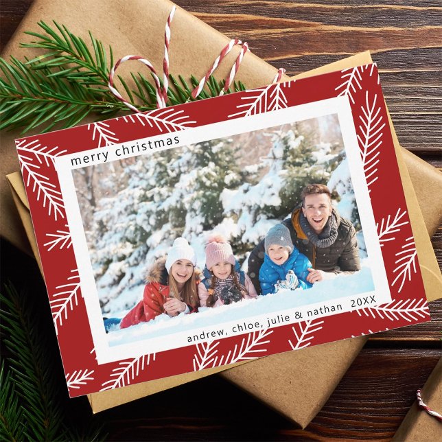 Rustic Pine Branch Red Christmas Photo Holiday Card (Creator Uploaded)