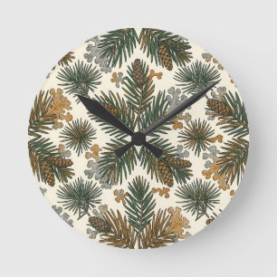 Rustic Pine Branches Pinecones Woodland Pattern Round Clock