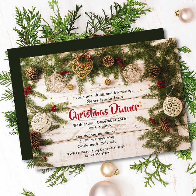 Rustic Pine Christmas Dinner Party Invitation (Creator Uploaded)