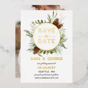 Rustic Pine Cone Fir Branches Photo Save The Date 