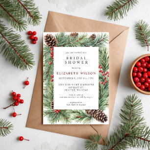 Rustic Pine Cone Holly Christmas Bridal Shower  Invitation
