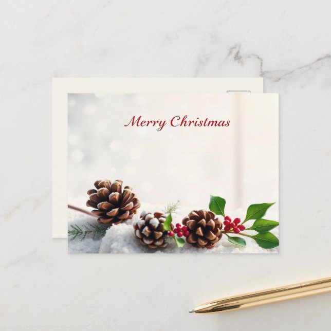 Rustic Pine Cone Merry Christmas Vintage Postcard (Front/Back In Situ)