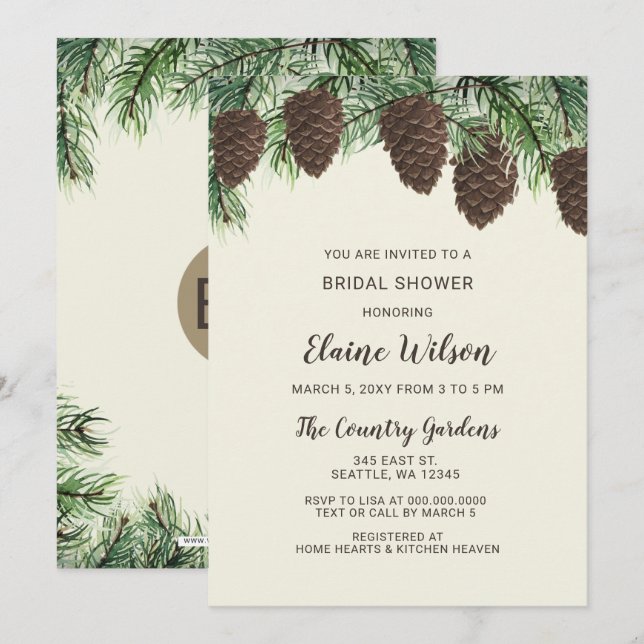 Rustic Pine cone Winter Wedding Bridal Shower Invitation (Front/Back)