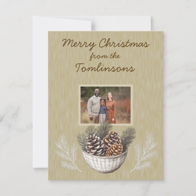 Rustic Pine Cones Branches Photo Christmas Holiday Card (Front)
