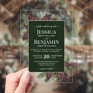 Rustic Pine Cones & Branches Stylish Text Wedding Acrylic Invitations