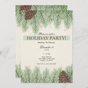 Rustic Pine Cones & Fir Christmas Holiday Party Invitation