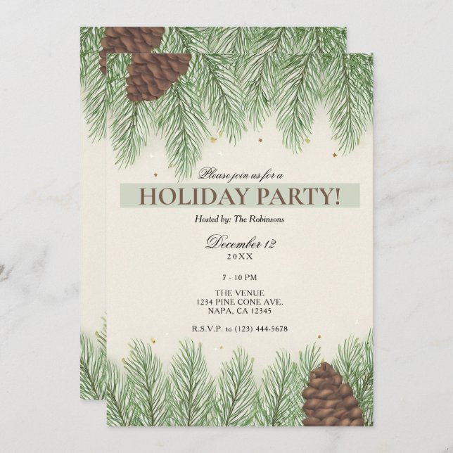 Rustic Pine Cones & Fir Christmas Holiday Party Invitation (Front/Back)
