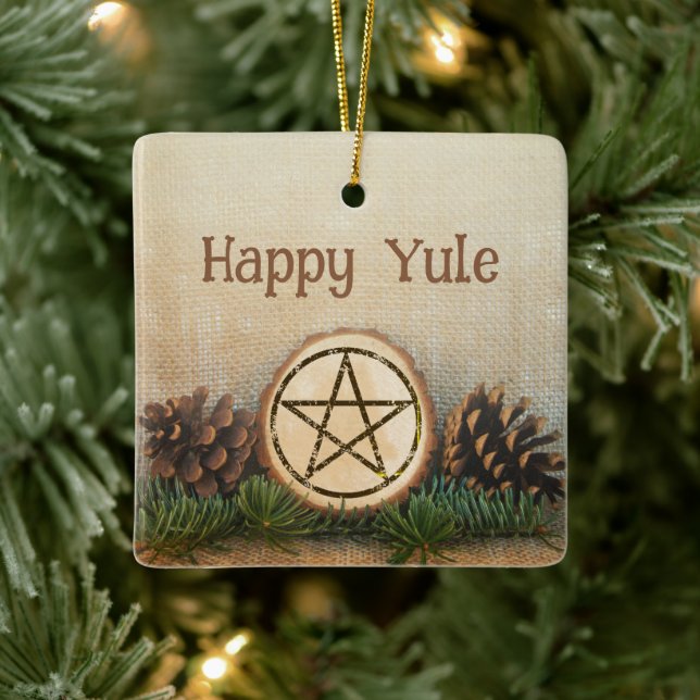 Rustic Pine Cones Happy Yule Ceramic Ornament (Tree)