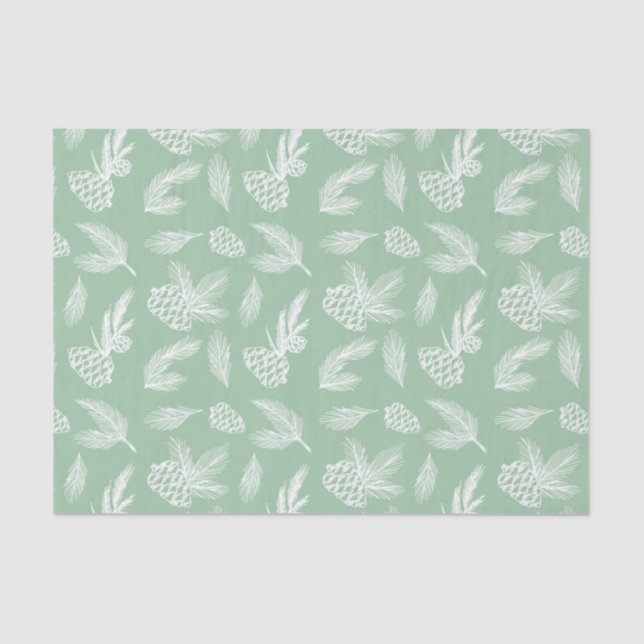 Rustic Pine Cones Pattern White & Mint Holiday Tissue Paper (Front)
