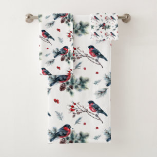 Rustic Pine Cones Pine Branches Berries Birds   Bath Towel Set