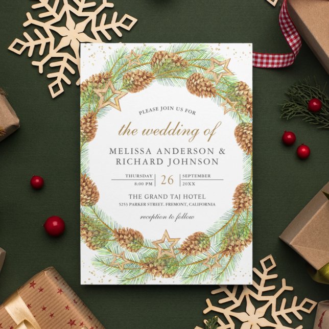 Rustic Pine Cones Wreath Christmas Wedding Invitation (Creator Uploaded)