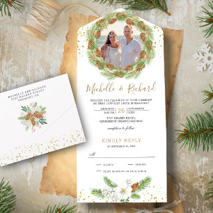 Rustic Pine Cones Wreath Photo Christmas Wedding All In One Invitation