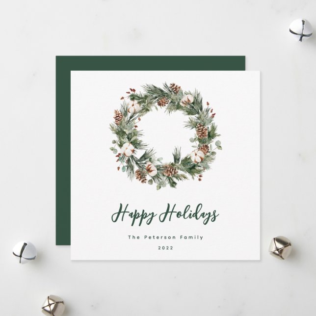 Rustic Pine Cotton Watercolor Greenery Wreath Holiday Card (Front/Back In Situ)