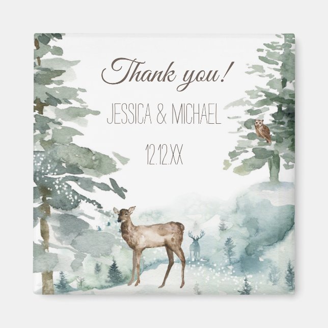 Rustic Pine Deer Owl Mountain Thank You Magnet (Front)