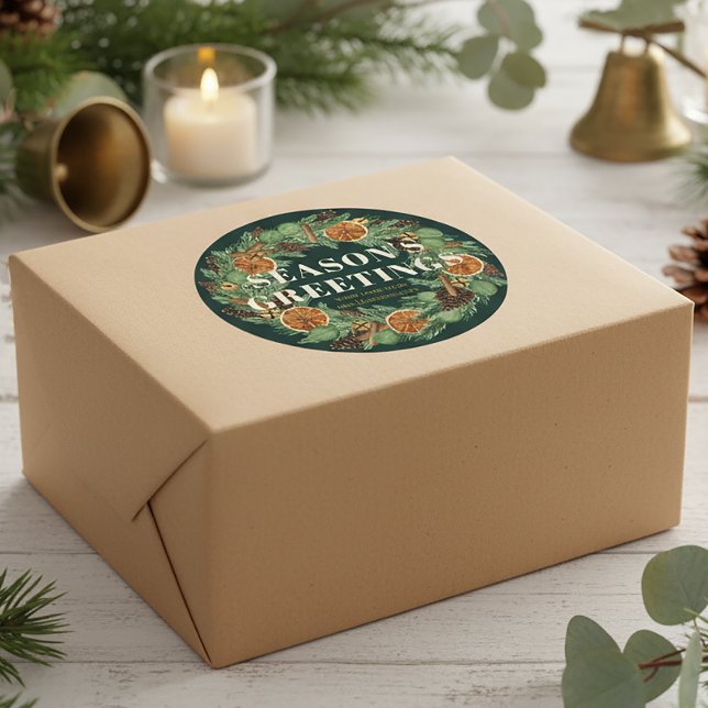 Rustic Pine Dried Orange Wreath Green Holiday Classic Round Sticker (Creator Uploaded)