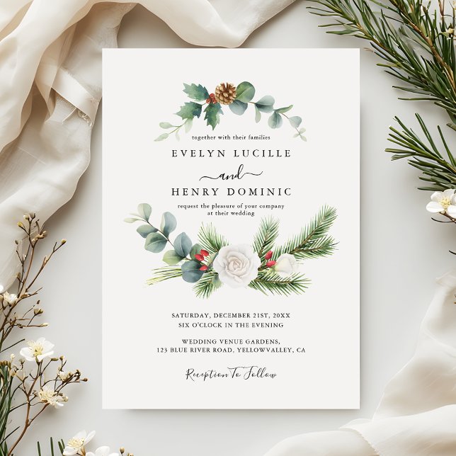 Rustic Pine Eucalyptus Greenery Modern Wedding Invitation (Creator Uploaded)