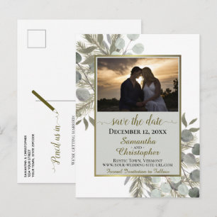 Rustic Pine & Eucalyptus Grey Save the Date Photo Announcement Postcard