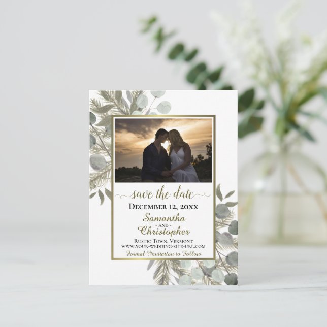 Rustic Pine & Eucalyptus White Save the Date Photo Announcement Postcard (Standing Front)