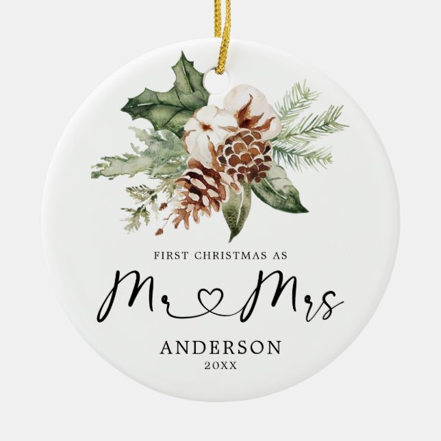 Rustic Pine First Christmas Mr & Mrs Gift Ceramic  Ceramic Tree Decoration (Front)