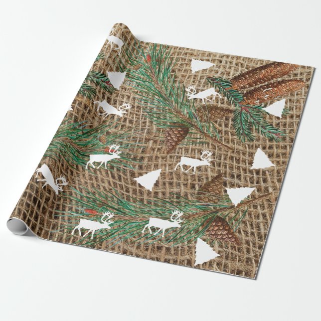 Rustic Pine Forest Christmas Tree Reindeer Wrapping Paper (Unrolled)