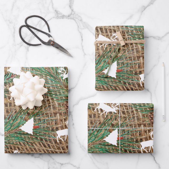 Rustic Pine Forest Christmas Tree Reindeer Wrapping Paper Sheet (Front)
