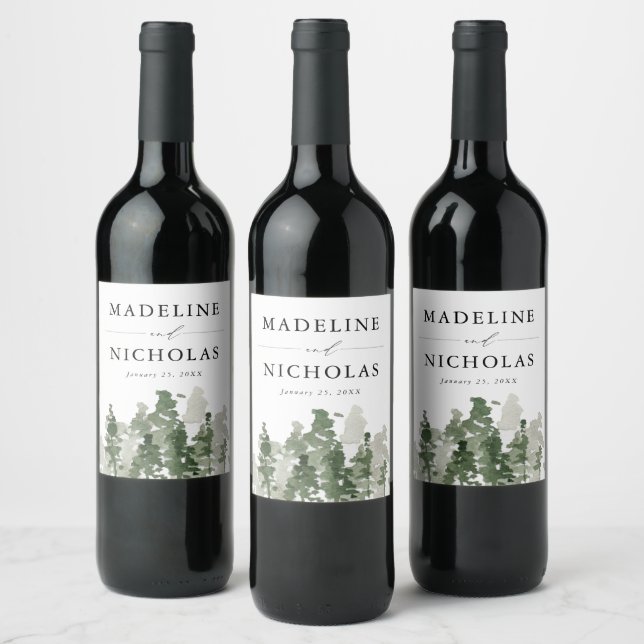 Rustic Pine Forest Wedding Wine Label (Bottles)