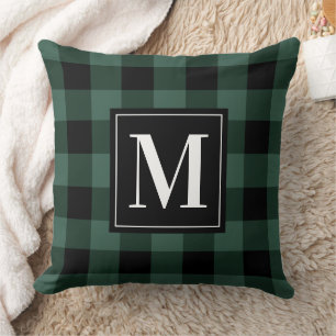 Rustic Pine Green Black Buffalo Plaid Monogram Cushion